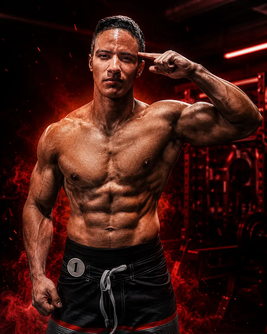 Ali Ouilmane, Men's Physique champion, pointing to his head